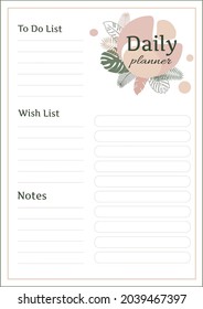 Daily planner with tropical plants. Green, soft pink and beige colors. Vector illustration.