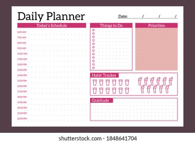 Daily planner vector template. Page of organizer schedule for a day planning. Crimson abstract illustration design.