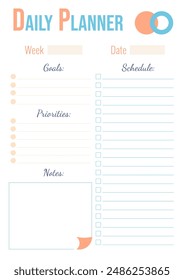 Daily Planner. Vertical A4 format daily personal plan template with space for schedule, goals, priorities, notes