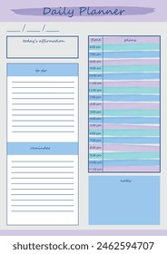 Daily planner in vibrant colors with watercolor illustrations. For creating a daily schedule, notes and daily affirmations