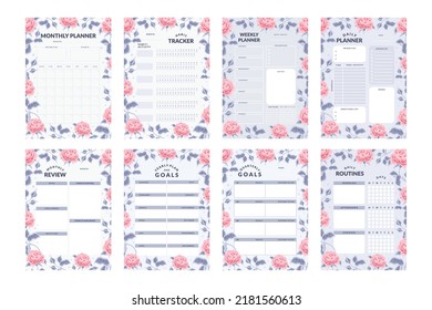 Daily Planner, Weekly Planner, Habit Tracker, Monthly Planner, Yearly Planner Collection with Aesthetic Flowers