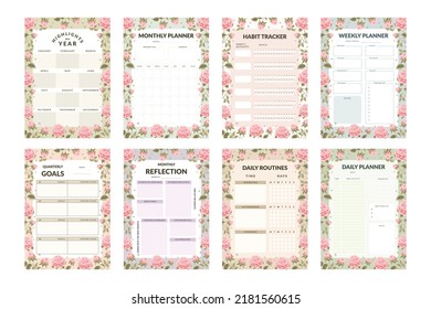 Daily Planner, Weekly Planner, Habit Tracker, Monthly Planner, Yearly Planner Collection with Aesthetic Flowers