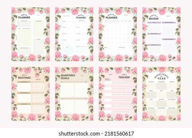 Daily Planner, Weekly Planner, Habit Tracker, Monthly Planner, Yearly Planner Collection with Aesthetic Flowers