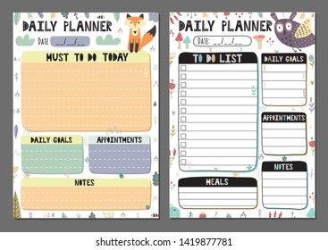 Daily planners collection. To do list set with a cute owl and fox. Vector illustration