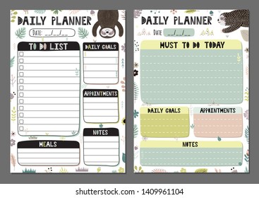 Daily planners set with a funny sloth. A4 format. Vector illustration