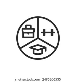 Planificación diaria, icono de estilo lineal. Trabajo, entrenamiento, estudio. Gráfico circular dividido en tres partes con tapa académica, maletín y mancuerna. Ancho de trazo editable