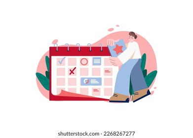 Daily planning red concept with people scene in the flat cartoon style. Girl notes in the calendar all the plans and tasks that need to be completed. Vector illustration.