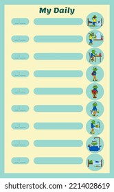 Daily planning template for preschool and elementary school children. Baby frog performs various tasks during the day. Bright vector illustration.