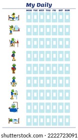 Daily planning template for preschool and elementary school children. Baby frog performs various tasks during the day. Bright vector illustration.