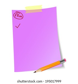 Daily planning violet paper sheet with Monday word, tick and  pencil. List of everyday routines