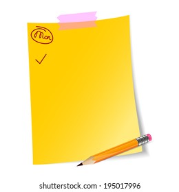 Daily planning yellow paper sheet with Monday word, tick and  pencil. List of everyday routines