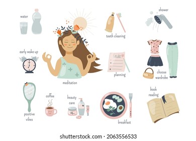 Daily pretty woman morning routine infographics with meditation, daily hygiene, healthy breakfast, planning and choosing wardrobe. Women habits. Cartoon flat vector illustration