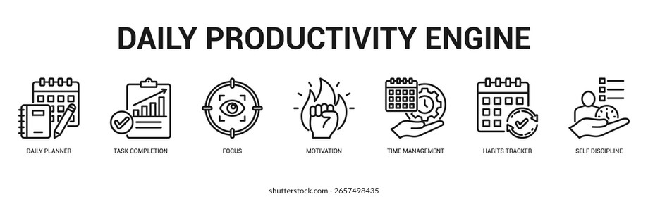 Daily Productivity Engine Modern and clean web banner illustration featuring thematic icons for visual communication