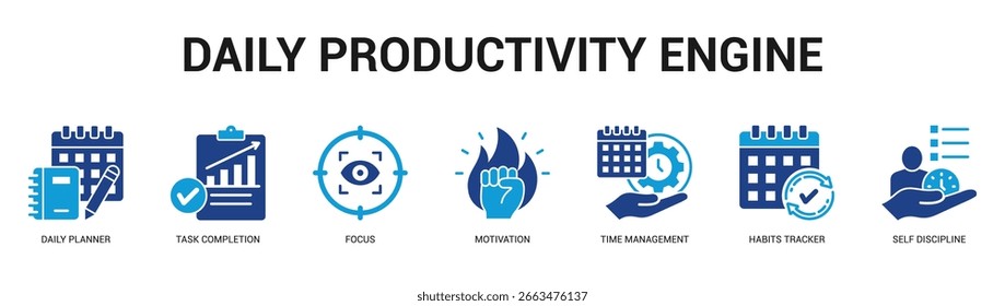 Daily Productivity Engine Modern and clean web banner illustration featuring thematic icons for visual communication