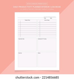 Daily Productivity Planner Interior | Daily Productivity Planner | Daily Productivity Log Book | Daily Productivity Planner Printable Template