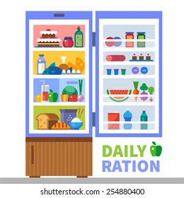 Daily ration. Proteins, fats, carbohydrates. Cereals, meat, fish, bread, milk, water, sweets. Refrigerator with food. Healthy lifestyle. Vector flat illustration and info graphic