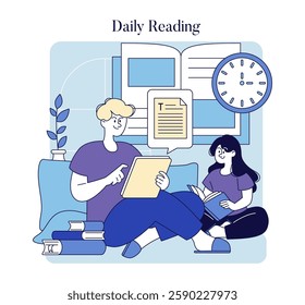 Daily reading scene. Two individuals sit comfortably at home, immersed in their books and digital devices. The environment features a cozy atmosphere with plants and a clock, promoting the joy and