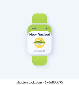 Daily recipe smartwatch interface vector template. Mobile app notification day mode design. Breakfast preparation idea message screen. Flat UI for application. Fresh snack. Smart watch display
