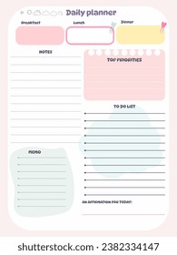 Daily reminder planner inspiration notepaper design printable . Pink, yellow, blue kawaii pages for tags , weekly notes, diet menu breakfast lunch dinner 