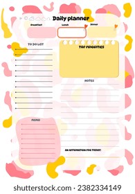 Daily reminder planner inspiration notepaper design printable . Pink, yellow, blue kawaii pages for tags , weekly notes, diet menu breakfast lunch dinner 