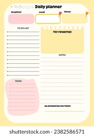 Daily reminder planner inspiration notepaper design printable . Pink, yellow, soft color kawaii pages for tags , weekly notes, diet menu breakfast lunch dinner 