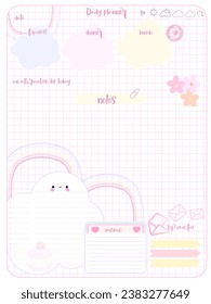 Daily reminder planner inspiration notepaper design printable . Pink, yellow, soft color kawaii pages for tags , weekly notes, diet menu breakfast lunch dinner 