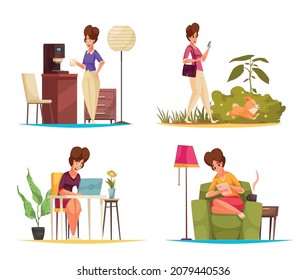 Daily routine 2x2 design concept set of woman characters drinking coffee walking with dog reading book working remote flat compositions cartoon vector illustration