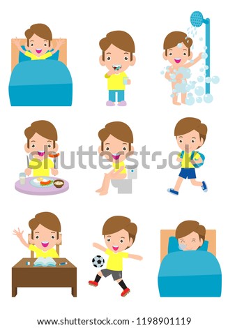 Daily Routine Activities Kids Cute Boyroutines Stock Vector (Royalty ...