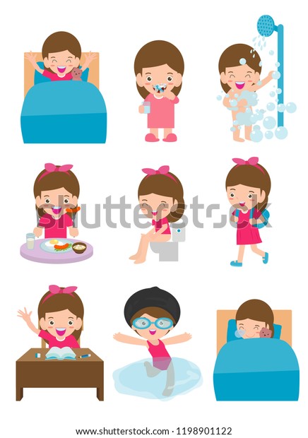 Daily Routine Activities Kids Cute Girlroutines 스톡 벡터(로열티 프리 ...