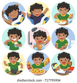 The daily routine of African american boy on a white background. [sleep, brush teeth, take a bath, eat, wake up, draw a picture, sitting on the toilet, running, eat pizza]. Isolated vector