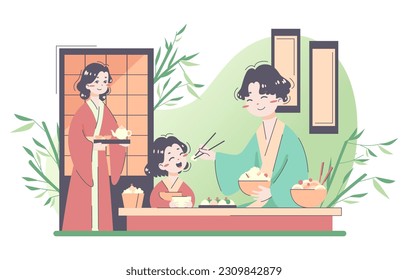 Daily routine of an asian family. Japanese characters in traditional clothes eating national food sitting at table. Parents and daughter spending time together. Flat vector illustration