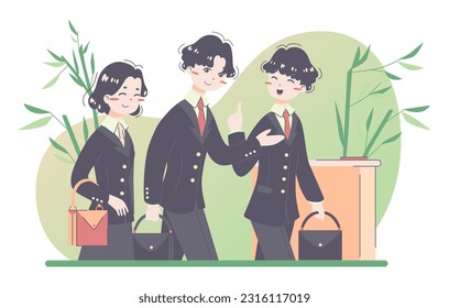 Daily routine of an asian man. Friendship and communication between co-workers. Clerks leaving office at the end of the workday. Flat vector illustration