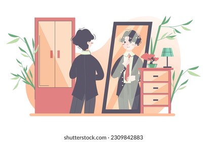 Daily routine of a asian man. Guy dressing up getting ready to go to work. Male character wearing his office suit adjusting a tie. Businessman schedule, modern lifestyle. Flat vector illustration