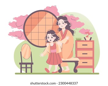 Daily routine of an asian woman. Japanese housewife lifestyle. Woman taking care of little daughter. Family getting ready to go outside. Pre-school time. Flat vector illustration