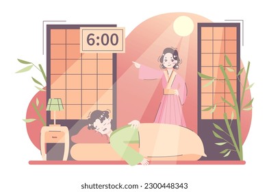 Daily routine of an asian woman. Japanese housewife lifestyle. Woman waking her husband who is still lying in bed under blanket early in the morning. Flat vector illustration