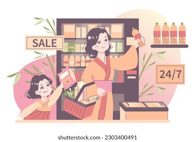 Daily routine of an asian woman. Japanese housewife lifestyle. Woman in traditional clothes shopping for groceries with her little daughter. Everyday life schedule. Flat vector illustration