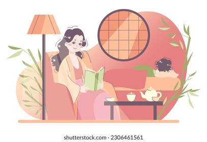 Rutina diaria de una mujer asiática. Una ama de casa japonesa con ropa tradicional leyendo un libro antes de dormir, una mujer tranquila sentada en el sillón con una taza de té. Ilustración vectorial plana