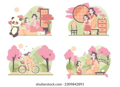 Daily routine of an asian woman set. Japanese housewife lifestyle. Woman taking care of little daughter. Family gathering outside, spending time outdoors. Flat vector illustration