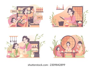 Daily routine of an asian woman set. Japanese housewife chores and lifestyle. Woman cooking food and having dinner with family. Everyday life schedule. Flat vector illustration