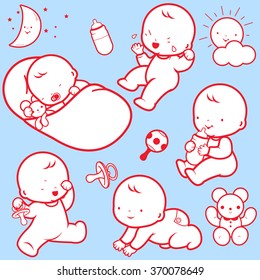 Daily routine for babies. Babies sleeping, playing, crying, drinking milk and crawling. Vector illustration