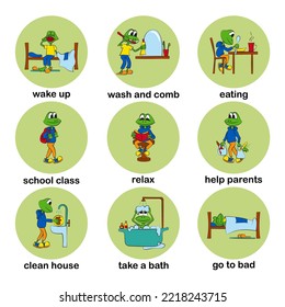 Daily routine of baby. Way of life of schoolboy. Baby frog performing various tasks during the day. Bright vector illustration.
