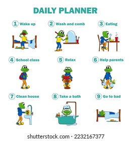 Daily routine of baby. Way of life of schoolboy. Baby frog performing various tasks during the day. Bright vector illustration.