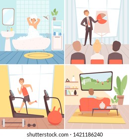 Daily routine background. Busy businessman everyday lifestyle morning afternoon evening night vector cartoon background. Illustration of employee workday, morning daily, everyday routine