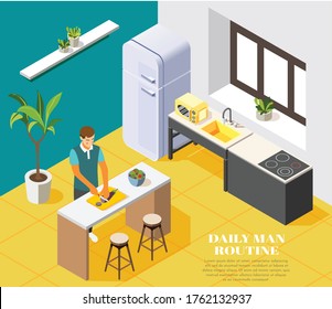 Daily routine background with man cooking in kitchen 3d isometric vector illustration