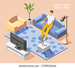 Daily routine background with man watching tv on sofa at home 3d vector illustration