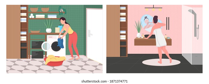 Daily routine in bathroom flat color vector illustration set. Woman take morning shower. Washing machine. Lavatory 2D cartoon interior with luxury decoration on background collection