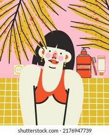 La rutina diaria en el cuarto de baño. Retrato vectorial, postal, ilustración con una chica que se cuida de sí misma. 