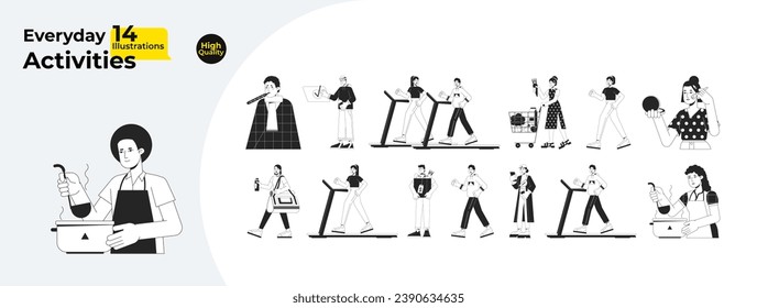 Daily routine black and white cartoon flat illustration bundle. Caucasian, asian adults 2D lineart characters isolated. Time for yourself, shopping, cooking monochrome vector outline image collection