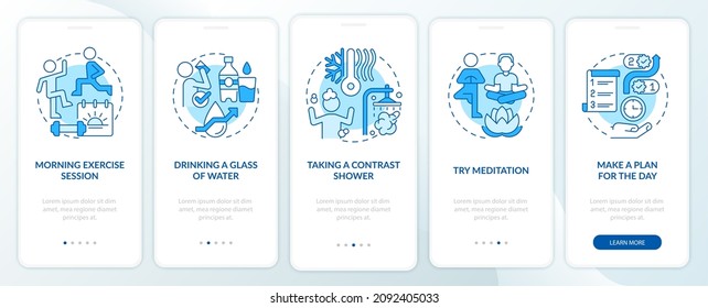 Daily routine blue onboarding mobile app screen. Selfcare walkthrough 5 steps graphic instructions pages with linear concepts. UI, UX, GUI template. Myriad Pro-Bold, Regular fonts used