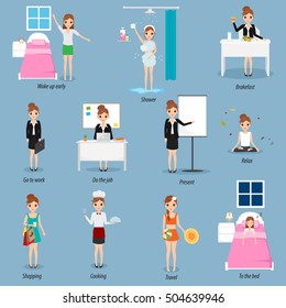 Daily routine of business people character. Woman life style.